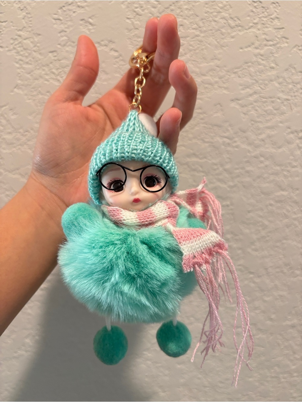 Plush Pom-Pom Doll Bag Charm Keychain - Mint with Pink Scarf